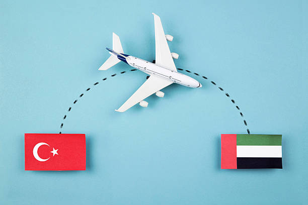 Flight and travel from Turkey to UAE by airplane. Airplane route and country flags. Travel concept