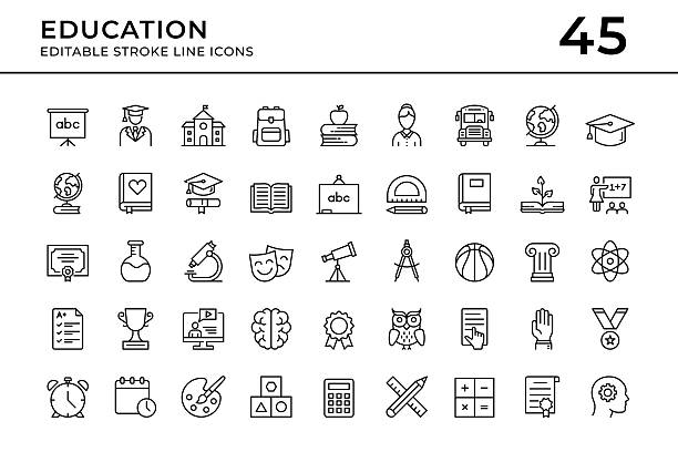 A set of 45 editable stroke line icons representing education, learning, academic success, school life, science, arts, and certification. Includes symbols such as graduation caps, schools, books, backpacks, blackboards, globes, microscopes, and theater masks. Fully customizable vector lines for educational materials, school websites, academic reports, and e-learning platforms.