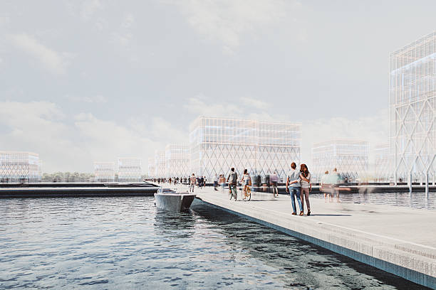 istock People walking on pier with modern futuristic buildings 2212301543
