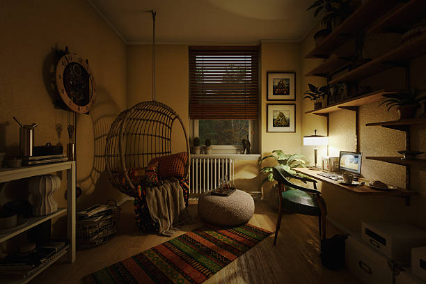 Boho Home Office with Hanging Egg Chair and Floating Desk