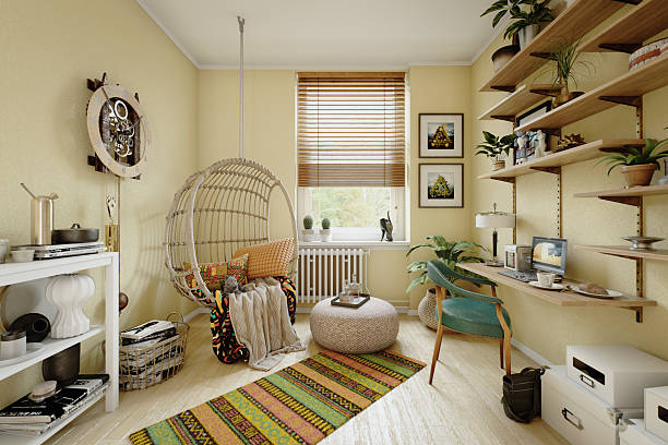 istock Boho Home Office with Hanging Egg Chair and Floating Desk 2212304972