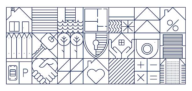 Real estate abstract geometric pattern, elements Real estate abstract geometric pattern, featuring home elements in square linear frames. House, key, blueprint, handshake, heart and fence, and mortgage symbols like percentage, plus and minus signs modularity icon stock illustrations