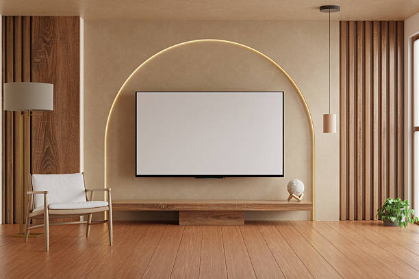 istock Contemporary living room with wall-mounted TV and elegant arch light- 3D rendering 2212314570