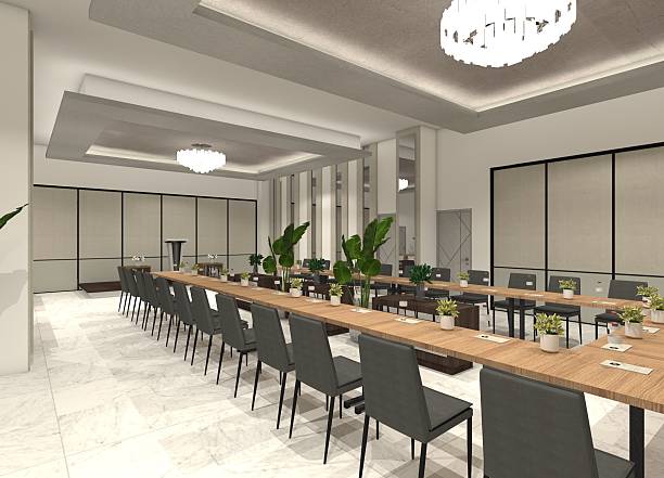istock 3D interior design for a hotel meeting room with a wooden table. 2212324581