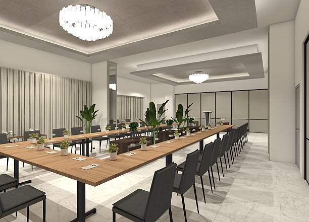 Modern 3D hotel meeting room interior showcasing a wood conference table.