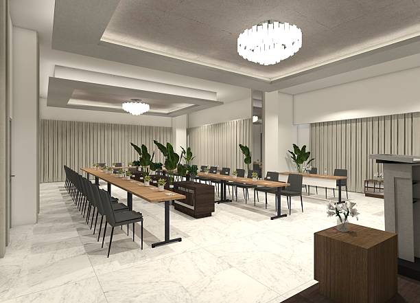 istock 3D interior design for an office meeting room with a wooden table. 2212324598