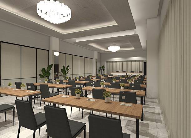 istock Contemporary 3D rendering of a large meeting room interior 2212324605