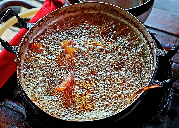 Cooking Deep fried Pork in pot - food preparation.