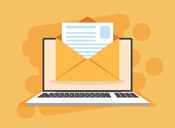 Laptop with envelope icon in flat style. Computer vector illustration on isolated background. Email notification sign business concept. Laptop with envelope icon in flat style. Computer vector illustration on isolated background. Email notification sign business concept. newsletter stock illustrations