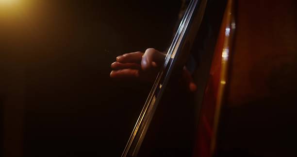 Beautiful classic double bass on a black floor on the theater, concert stage. Acoustic double bass on stage,. Contrabass. Wooden musical string instrument. Selective focus