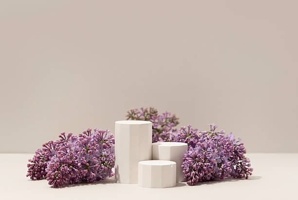 istock Elegant minimalistic spring-themed product display with white geometric pedestals surrounded by fresh lilac flowers on soft neutral background. Studio photography. 2212330923