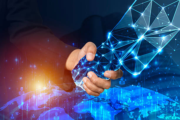 istock Futuristic Digital Handshake on Starry Sky Background. Business shaking hand with digital partner over futuristic. 2212331594