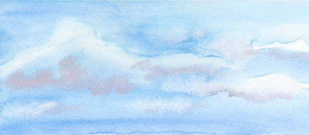 istock Blue cloudy sky watercolor illustration. Abstract artistic drawing for summer dawn weather and travel designs. Hand drawn background 2212332369
