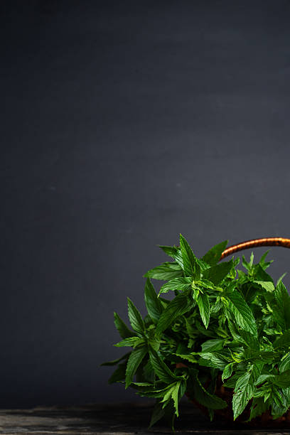 A close-up image capturing the lush, green mint leaves overflowing elegantly from a woven basket placed against a subtly textured black backdrop for artistic effect.