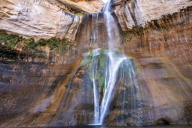 Water tumbles gracefully over rocky cliffs into a tranquil pool, surrounded by towering canyon walls and lush greenery under a bright midday sun.