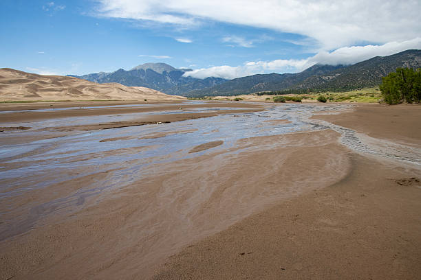 istock Dry riverbed and distant mountains under a clear blue sky in Sand dunes National Park 2212335924