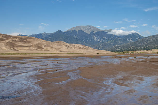istock Landscape with flowing river and mountains under a clear blue sky during daytime in Great Sand Dunes National Park 2212335929