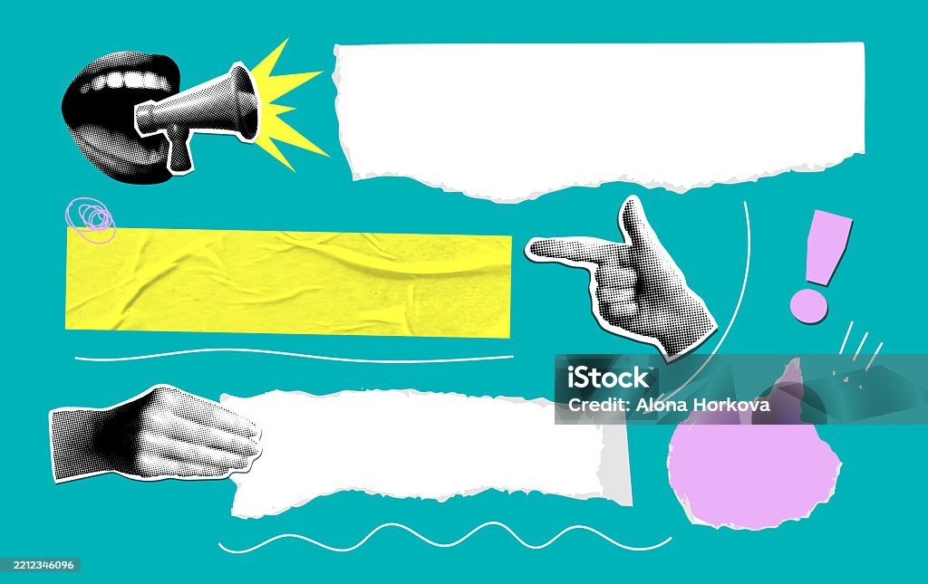 Colaj modern cu elemente de design în semitonuri și casete de text - vector de stoc Imagine compusă fără redevențe Colaj modern cu elemente de design în semitonuri și casete de text - vector de stoc Imagine compusă fără redevențe