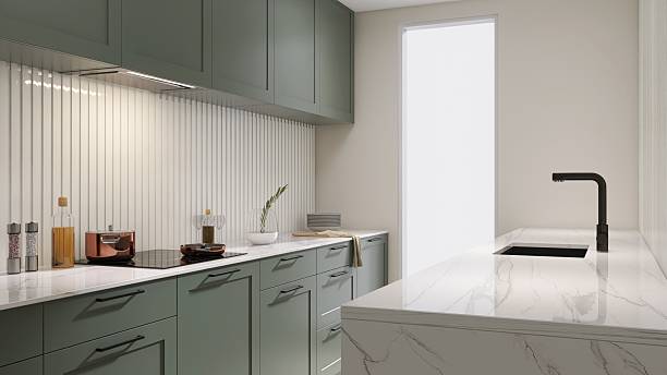 White marble kitchen counter with sage green cabinet, sunlight from window on wainscot wall, splash back for interior design decoration, cooking, food, kitchenware product background 3D