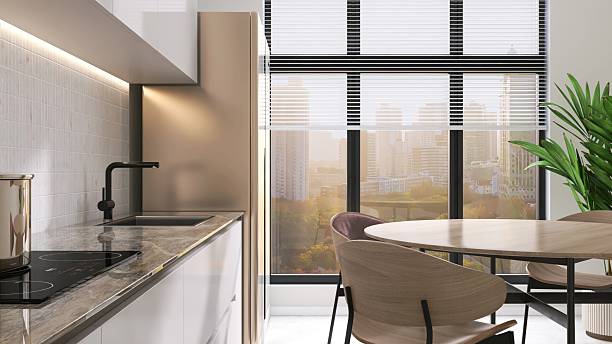 istock Dining room with gray marble kitchen counter with white mosaic tile splash back in sunlight from window for interior design decoration, cooking, food, kitchenware product background 3D 2212350265