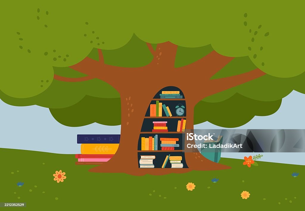 Tree Library Cartoon Forest Library Fairy Tale Landscape With Oak Tree And Book Shelves In ...