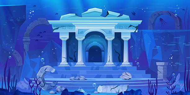 istock Underwater temple. Sunken ancient palace on ocean bottom, lost atlantis city under sea water deep world cartoon game ui background marine ruin landscape, swanky vector illustration 2212353222
