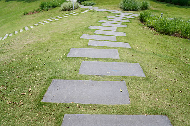 Detail of garden path with stone slabs with green lawn. Landscaping and gardening concept.