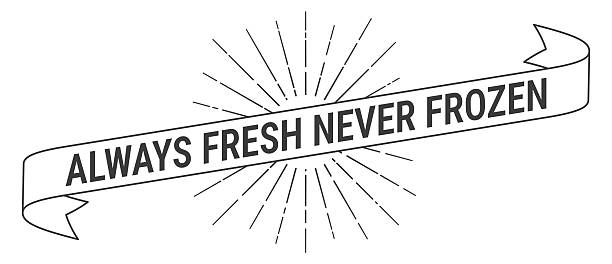 Always Fresh Never Frozen. Banner, ribbon, label with a thin black outline and light rays. Trendy black and white illustration isolated on a blank background for your own design. Vector Illustration (EPS file, well layered and grouped). Easy to edit, manipulate, resize or colorize. Vector and Jpeg file of different sizes.