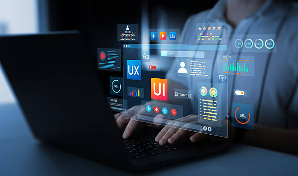 Holographic UI-UX, display icons of UX-UI designer, creative planning, data visualization. Web design, application design,coding develop.UX-UI design web and user design development Holographic UI-UX, display icons of UX-UI designer, creative planning, data visualization. Web design, application design,coding develop.UX-UI design web and user design development. AI Driven Marketing stock pictures, royalty-free photos & images