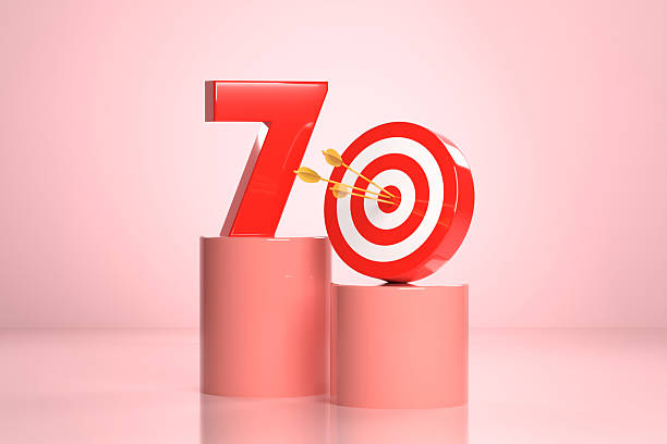 Number 7 And Bull's Eye Target On Pink Podium. Success Concept.