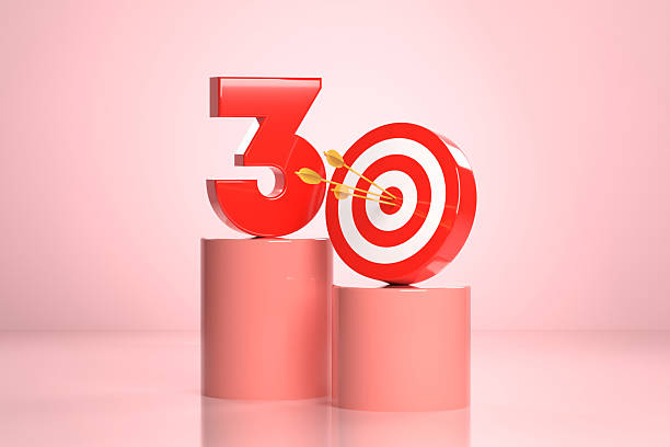 istock Number 3 And Bull's Eye Target On Pink Podium 2212365646