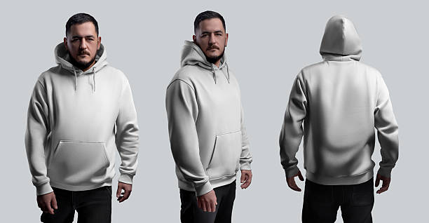 istock Mockup of white hoodie oversize on bearded man, front, side, back view, isolated on background. Set 2212366049