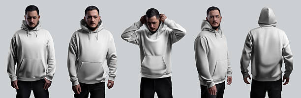 istock Bearded man oversize white hoodie template, front, side, back view, for design, branding. Set 2212366084