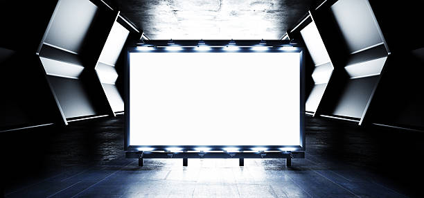 istock Sci Fi Billboard Showroom Commercial Empty Plane Space Realistic Warehouse Garage Room Studio Light Shadows Concrete Cement Metal Structure 3D Rendering 2212367716