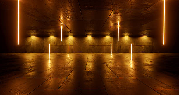 istock Futuristic Cyber Sci Fi Lasers Glowing Vibrant Blue Light Warehouse Cement Concrete Structure Floor Underground Tunnel Corridor Empty Space 3D Rendering 2212368464