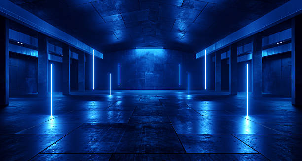 istock Futuristic Cyber Sci Fi Lasers Glowing Vibrant Blue Light Warehouse Cement Concrete Structure Floor Underground Tunnel Corridor Empty Space 3D Rendering 2212368471