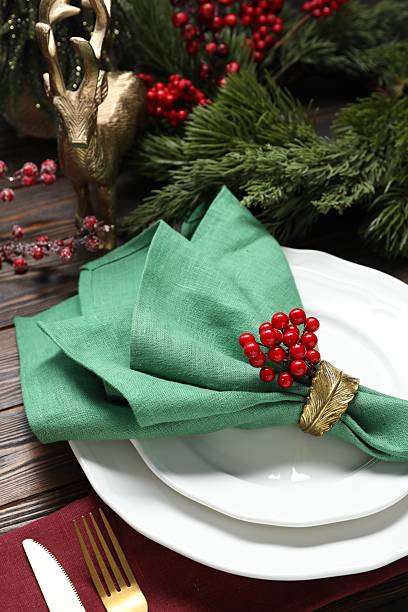 istock Christmas place setting with festive decor on wooden table, closeup 2212370345