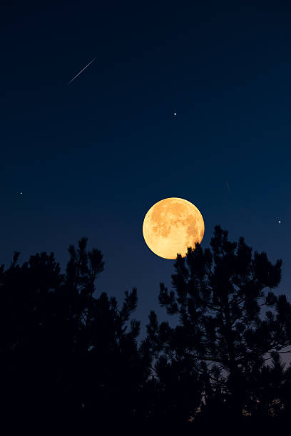 istock Full Moon, stars, planets and landscape scenery silhouettes. 2212373131