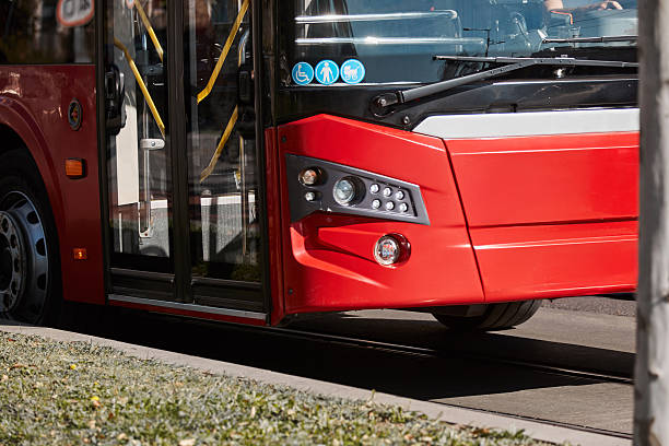 istock Red bus for public transportation on city streets. 2212373513