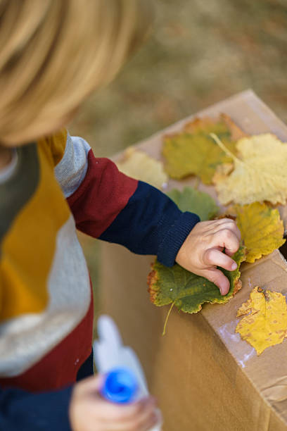 istock Little boy decorating cardboard box whit autumn leaves 2212375034