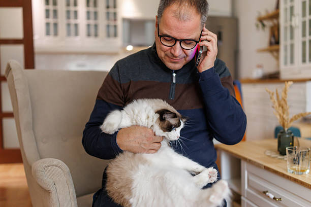 istock Mature man chatting with friends while bonding with his pet at home 2212375128