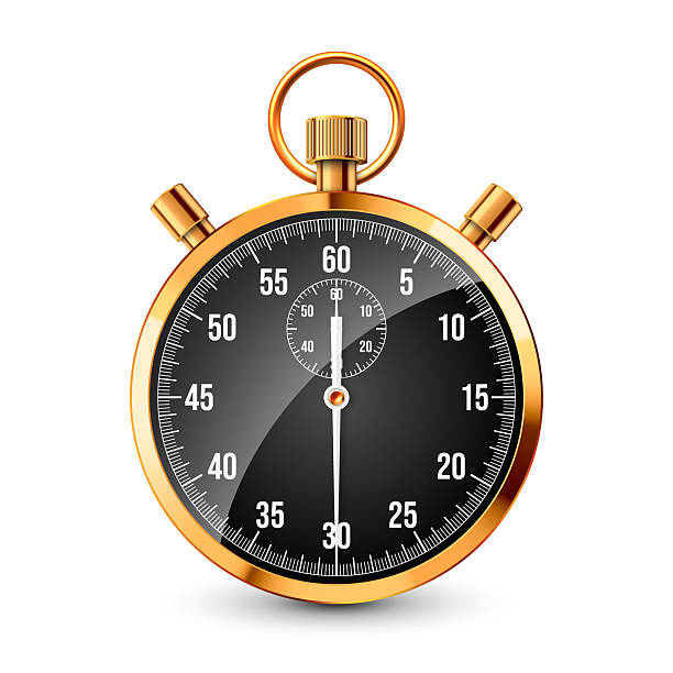 istock Realistic classic stopwatch. Shiny golden metal chronometer, time counter with dial. Countdown timer showing minutes and seconds. Time measurement for sport, start, finish. Vector illustration 2212376007