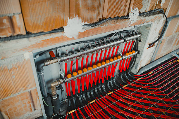 Underfloor heating system manifold with pipes distributing hot water for home interior temperature control