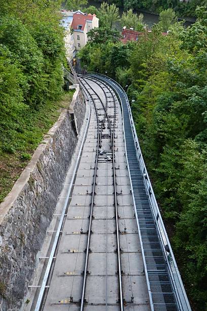 istock Steep railway tracks of a funicular descending through green trees and stone walls 2212379450
