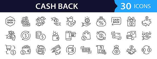 ilustraciones, imágenes clip art, dibujos animados e iconos de stock de conjunto de iconos web de devolución de dinero en estilo de línea. colección de iconos lineales de cashback, que incluyen dinero de retorno, ganancias, pagos, ingresos, dinero, reembolso, ganancias, movimiento de dinero, ganancias y más. trazo editable - reembolso de compra