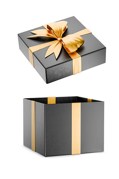 istock Open dark gift box with gold ribbon symbolizing luxury and celebration. Open dark gift box with gold ribbons. Christmas gift. Sale. Gift certificate. Valentine's Day. Transparent background. 3d render 2212382524