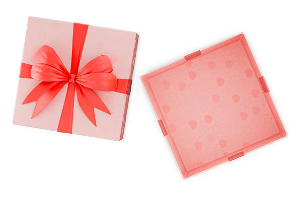 istock Opened gift box pink. Isolated on white background. Christmas gift. Wedding anniversary gift. Opened package, gift in pink paper wrapper with hearts. Transparent background. 3d visualization. 2212382904