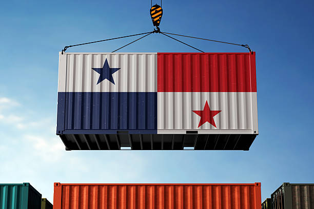 istock Panama trade cargo container hanging against clouds background 2212386281