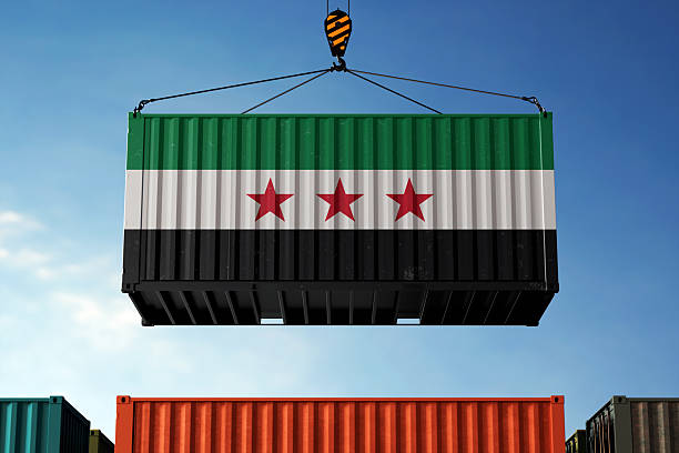 istock Syria trade cargo container hanging against clouds background 2212386891