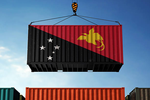 istock Papua New Guinea trade cargo container hanging against clouds background 2212387092